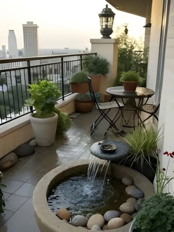 petit balcon urbain fontaine eau zen plantes vertes mobilier bistro