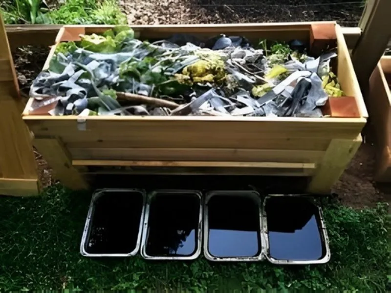 Grand bac de compostage en bois avec bacs de récupération de thé de compost liquide en dessous.
