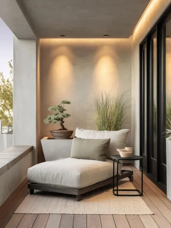 Aménagement balcon zen style Japandi avec fauteuil lounge blanc, éclairage tamisé mural et petite plante bonsaï sur tablette en bois.