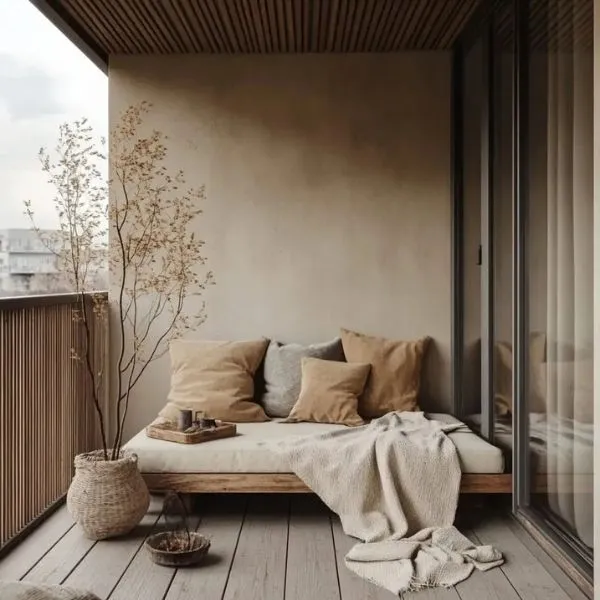 aménagement balcon style japandi banquette bois coussins lin beige