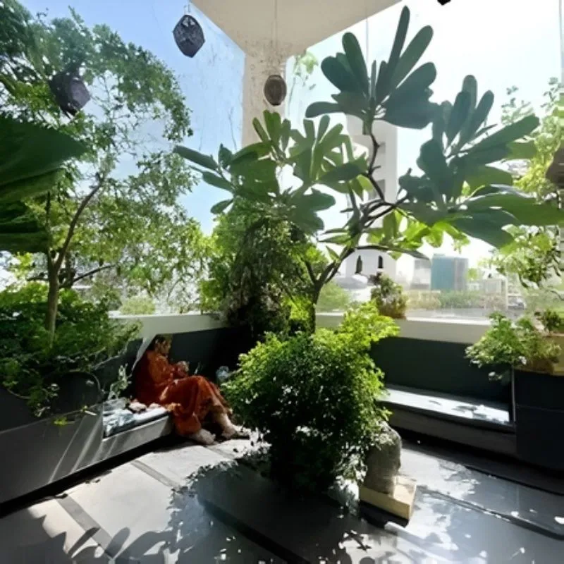 Décoration jungle urbaine balcon : oasis de fraîcheur avec plantes en pot et stores d'ombrage thermiques pour l'été.
