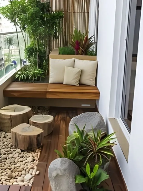 Décoration balcon moderne avec banquette en bois sur mesure, coussins beiges, jardinière intégrée et sol en caillebotis bois naturel.
