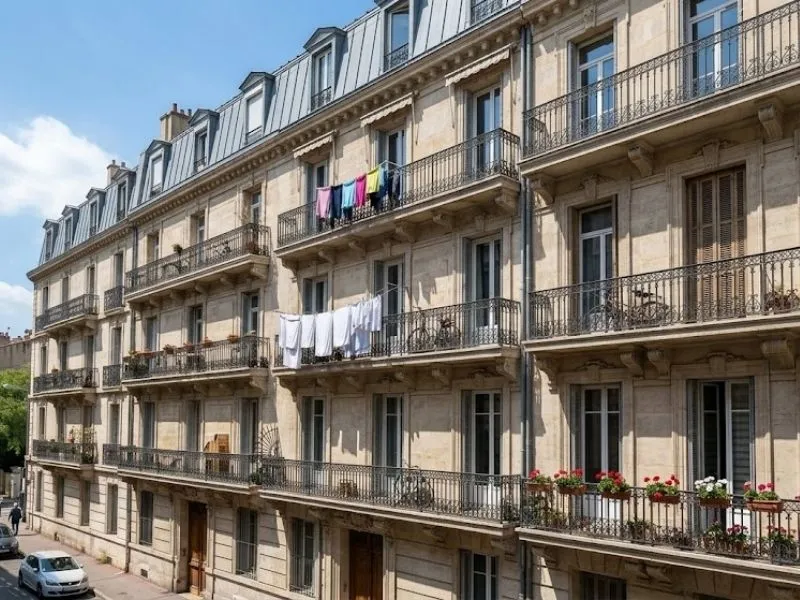 Linge visible sur balcons d'un immeuble ancien à Marseille.