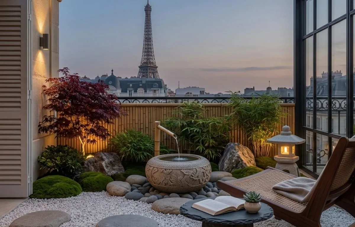 Aménagement de balcon japonais avec fontaine en pierre et érable du Japon vue sur Paris