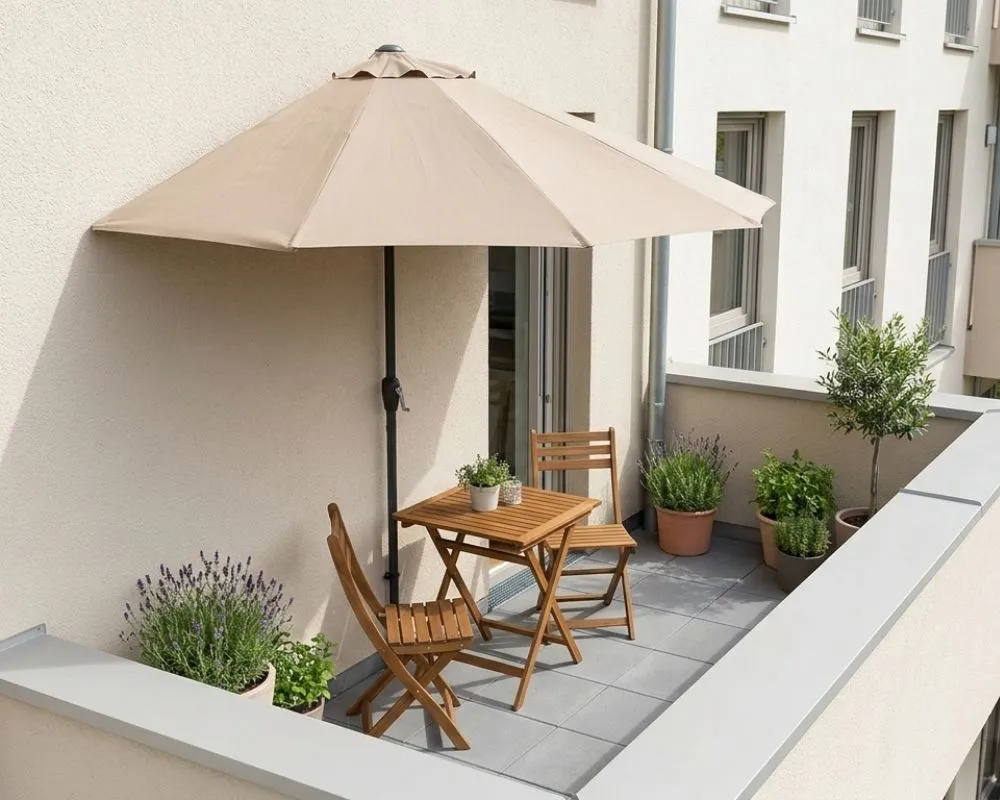 Comparatif encombrement demi-parasol de balcon beige au-dessus d'une petite table de jardin
