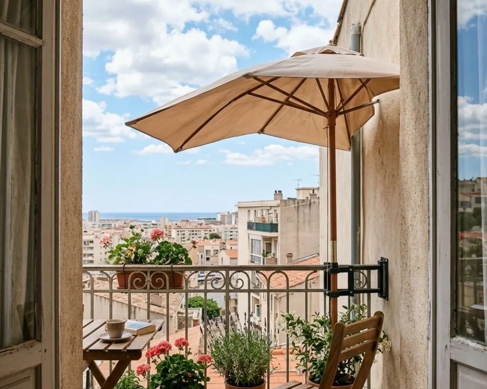 Demi parasol résistant au vent pour aménagement de petit balcon avec vue