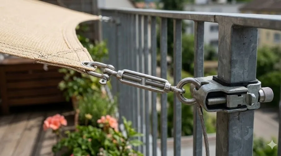 Kit de fixation en acier inoxydable avec tendeur pour voile d'ombrage de balcon.