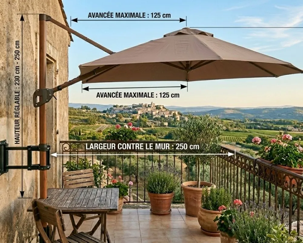 Schéma des dimensions et mesures de profondeur pour l'installation d'un demi-parasol mural de balcon