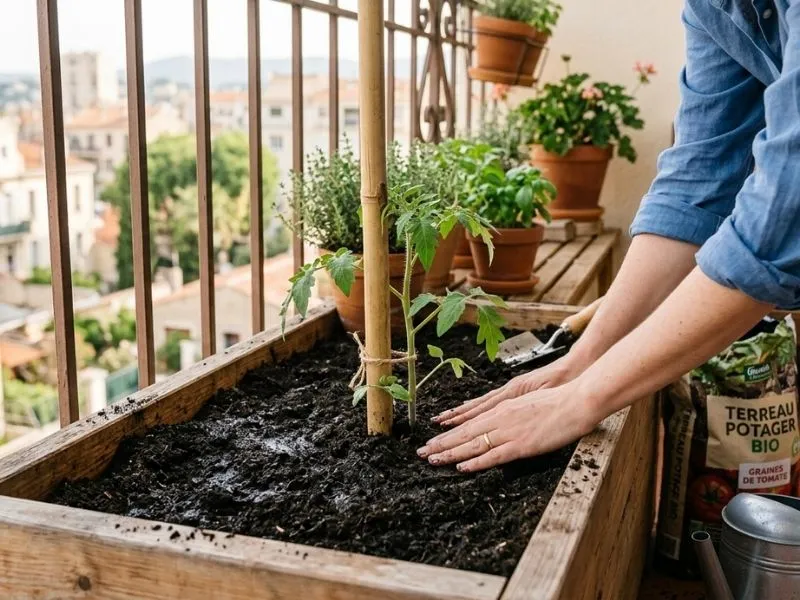 Plantation d'un jeune plant de tomate avec tuteur en bambou dans un grand bac en bois sur un balcon.