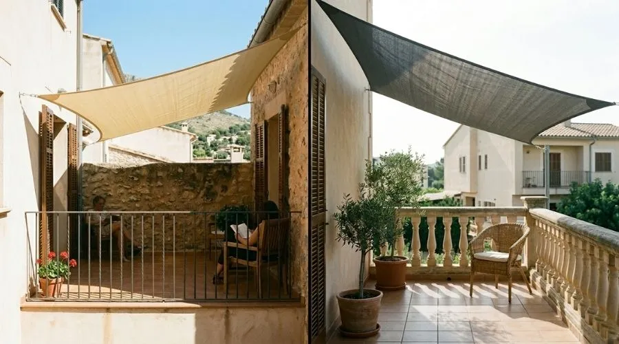 Différents coloris de voiles d'ombrage pour terrasse et balcon en beige et gris anthracite.