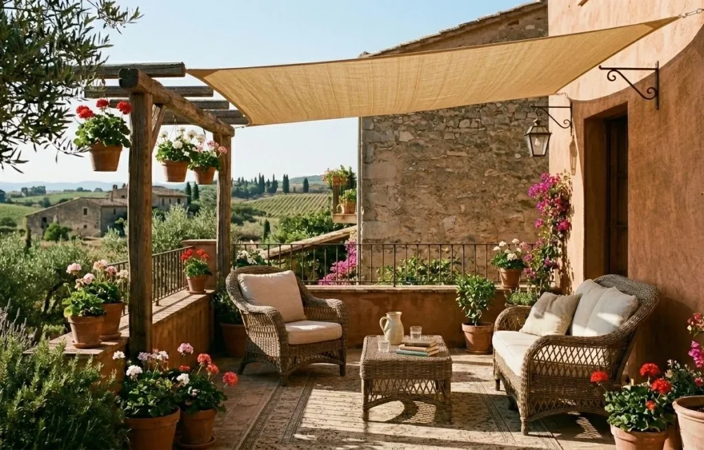 Toile d'ombrage rectangulaire installée sur une pergola en bois d'un balcon fleuri.