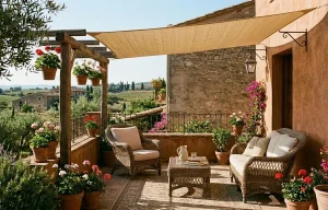 Toile d'ombrage rectangulaire installée sur une pergola en bois d'un balcon fleuri.