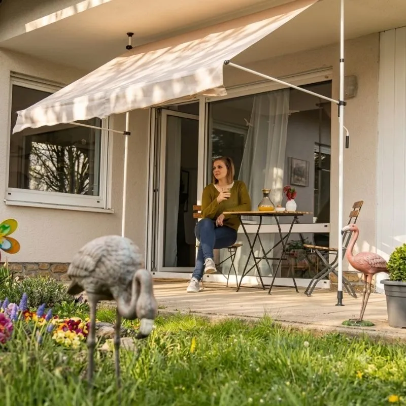 Auvent rétractable autoportant crème, toile polyester robuste, cadre acier pour terrasse,300x150cm.