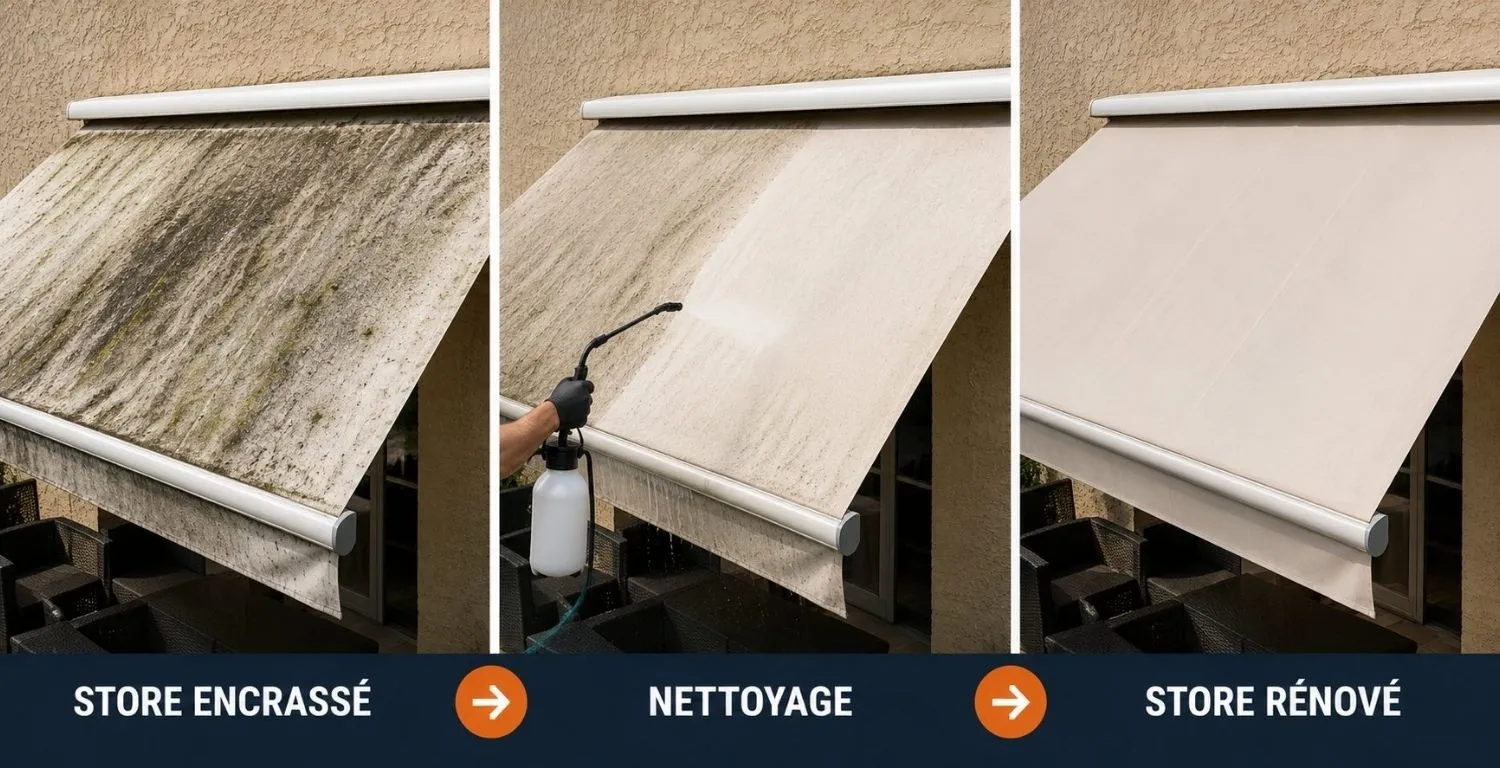Nettoyage d'une toile de store banne rétractable crème avec jet haute pression