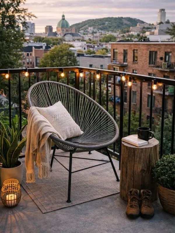Fauteuil de balcon compact en fil de résine noir avec coussin et guirlande lumineuse