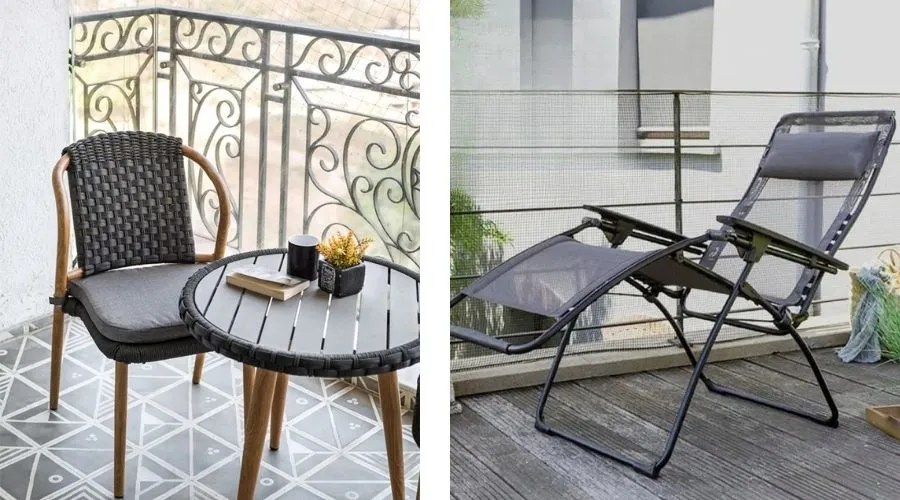 Comparatif entre un fauteuil de balcon droit avec table basse et un fauteuil relax transat