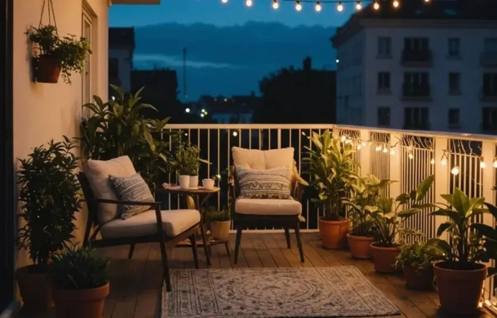 Guirlande lumineuse solaire d'extérieur pour balcon et éclairage d'ambiance chaleureux, décorant un coin salon de terrasse de ville le soir avec de nombreuses plantes vertes.