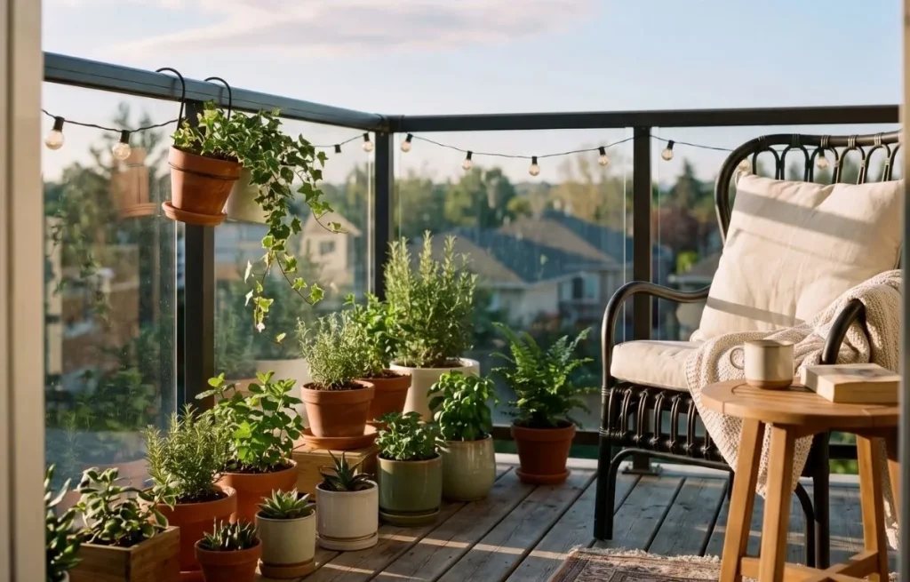 Aménagement d'un petit balcon avec fauteuil compact léger, plantes vertes et jardinières