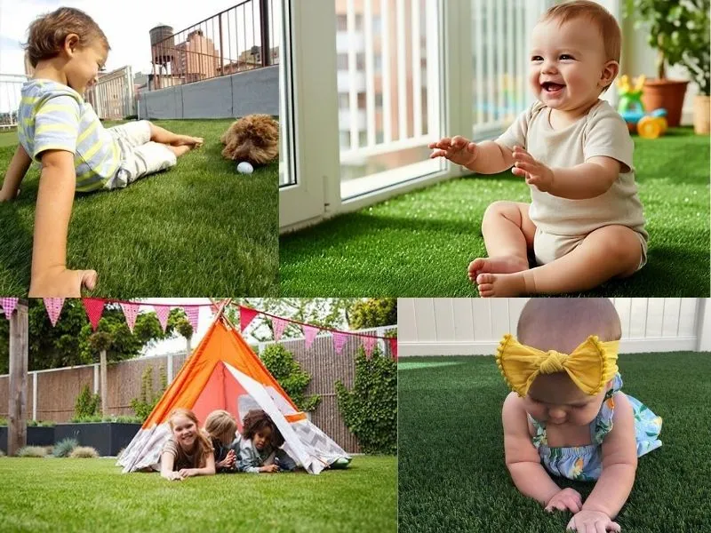Bébé qui joue en toute sécurité sur un faux gazon doux et sans danger pour les enfants.