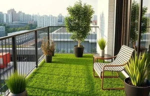 Idée déco balcon urbain avec pelouse artificielle et arbuste en pot sur fond de ville.