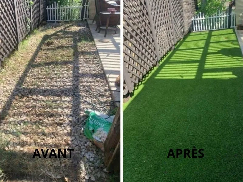 Avant après de la pose de gazon artificiel sur un balcon avec brise-vue en bois.