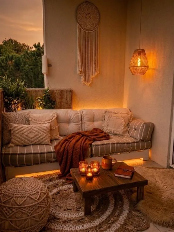 Ambiance cocooning sur un balcon avec pouf bohème tressé, canapé et suspension lumineuse en rotin.
