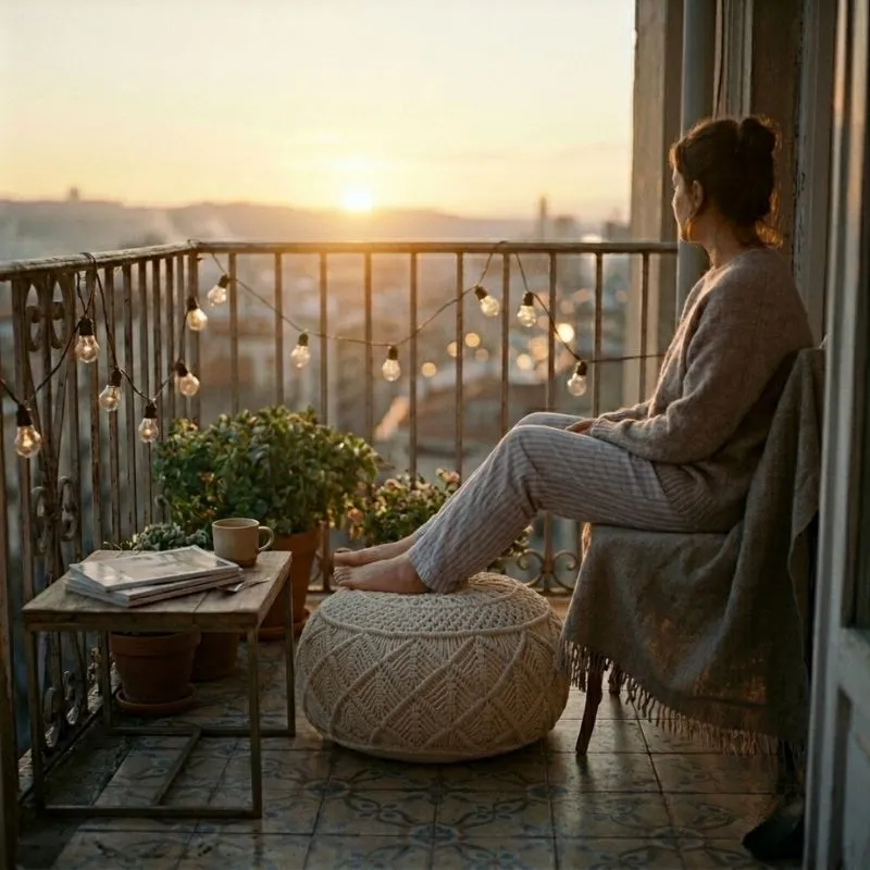 Femme assise sur un pouf de balcon bohème tressé face au coucher de soleil avec guirlande lumineuse.