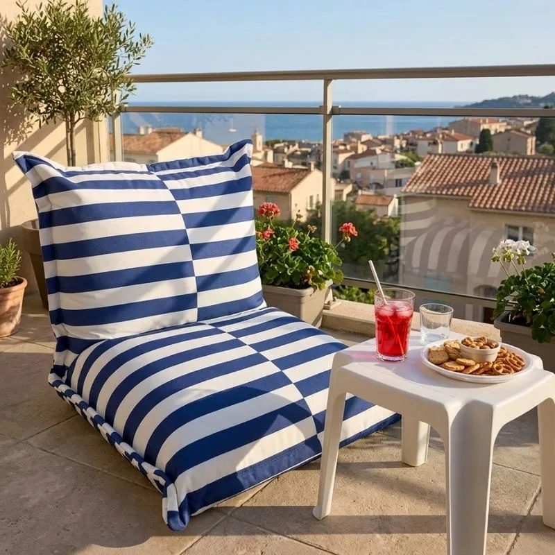 Pouf poire extérieur rayé bleu et blanc installé sur un balcon avec vue sur la mer.