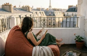 Femme qui lit un livre installée sur un pouf de balcon confortable avec vue sur les toits.
