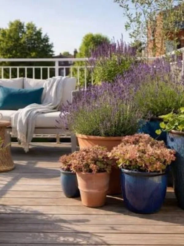 Plantes aromatiques lavande et romarin en pot pour déco balcon fleuri