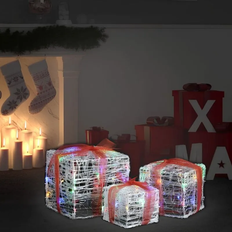 Lot de 3 cadeaux lumineux de Noël en acrylique avec LED multicolores et ruban rouge